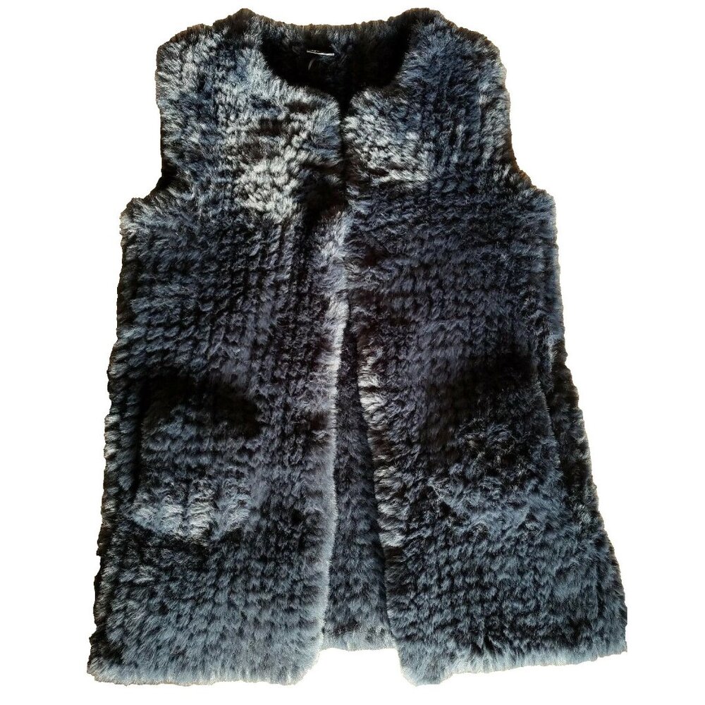 Love Token Faux Fur Vest Womens S Indigo Blue Sleeveless Jacket Groovy Long Wrap